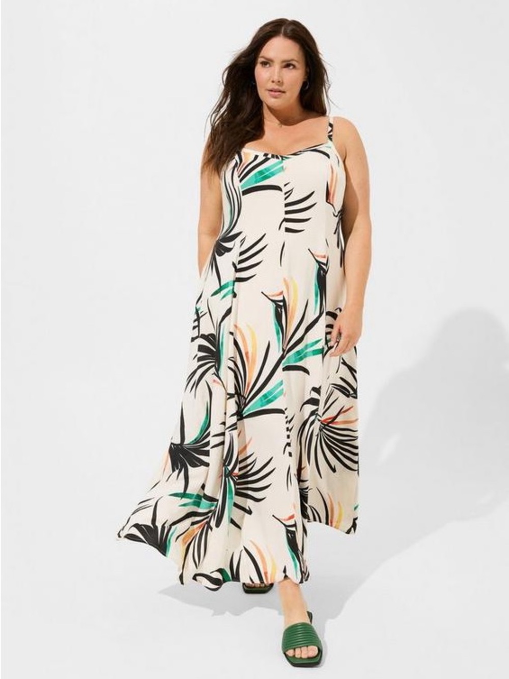 Torrid NWOT Tropical Print Maxi Slip Dress in Cream with Teal & Black